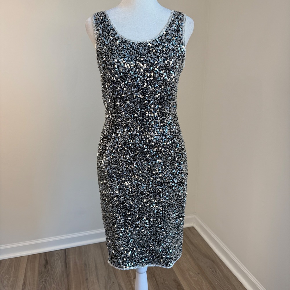 Vintage Stenay Sequin Silk Dress Womens P4 Silver Black Cocktail Sheath Party